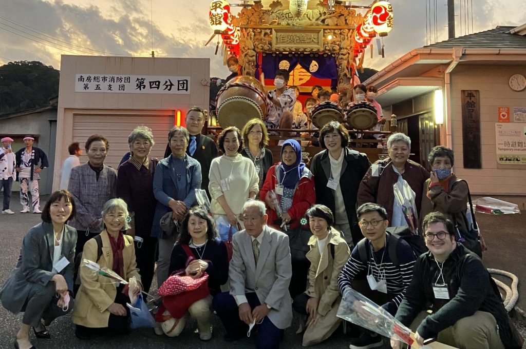 Participants gather in front of the town's omikoshi